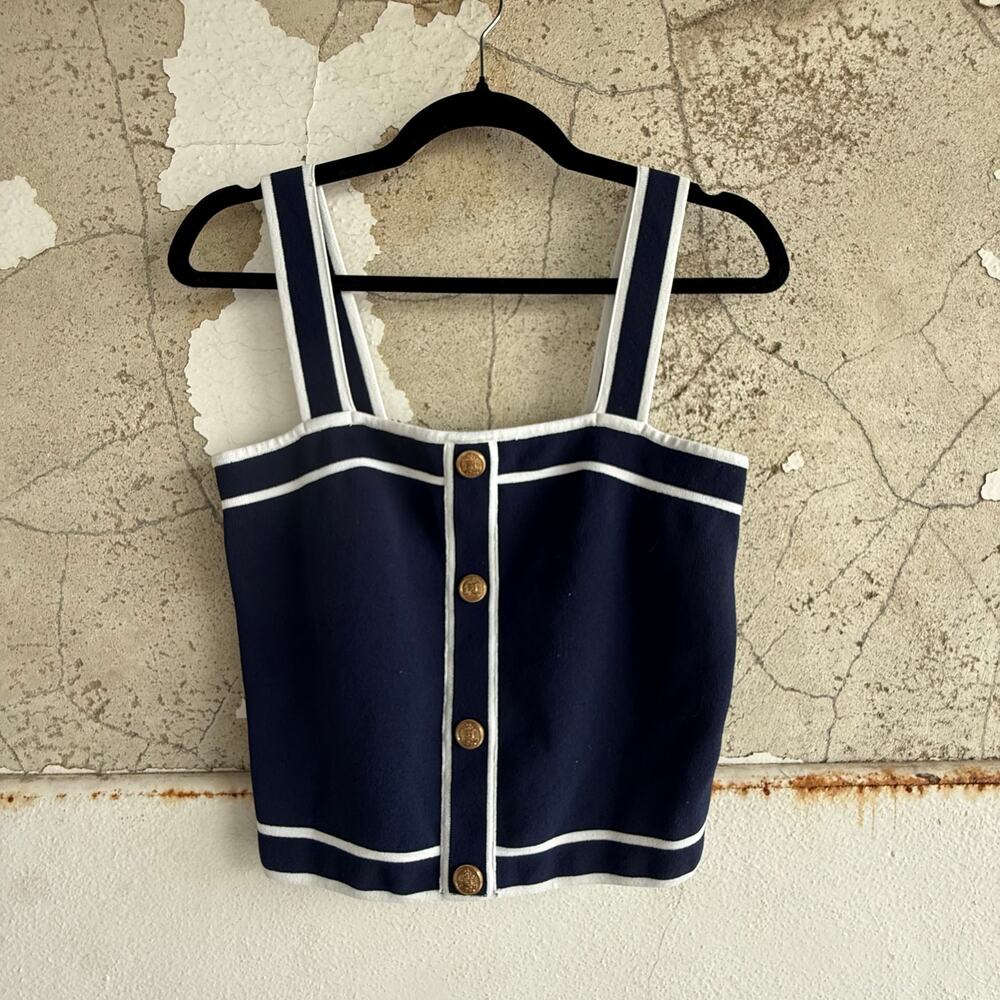 Bailey 44 Tank Nautical Top Navy‎ Gold Button Front Stretch Knit Resort Wear XL
